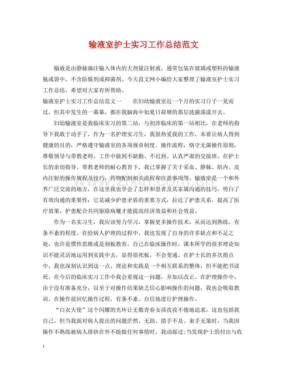 输液室护士实习工作总结范文.docx_第1页