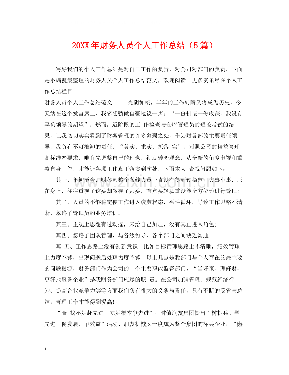 财务人员个人工作总结（5篇）.docx_第1页