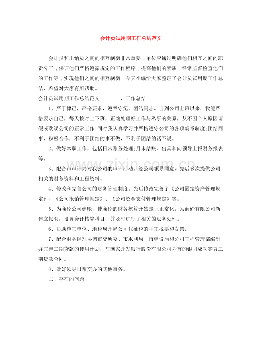 会计员试用期工作总结范文.docx_第1页