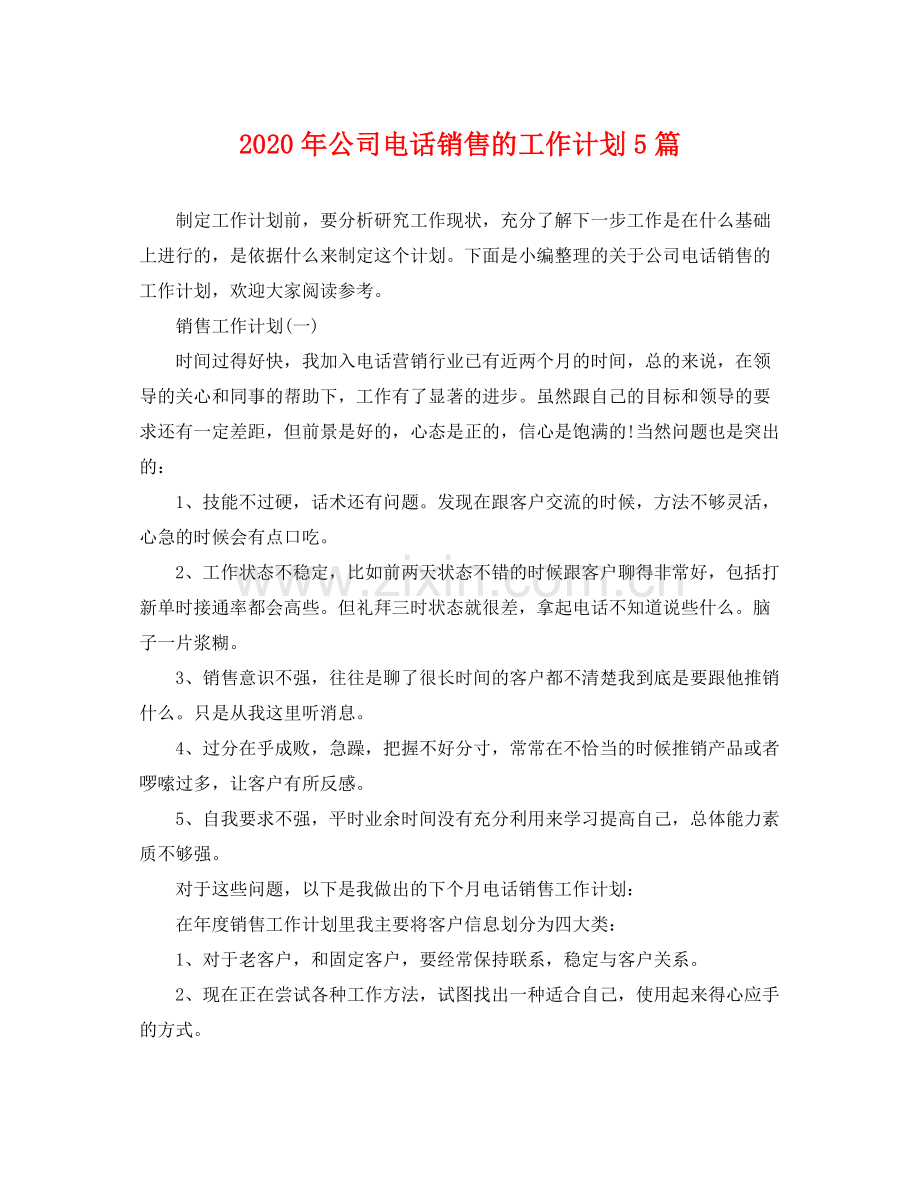 2020年公司电话销售的工作计划5篇.docx_第1页