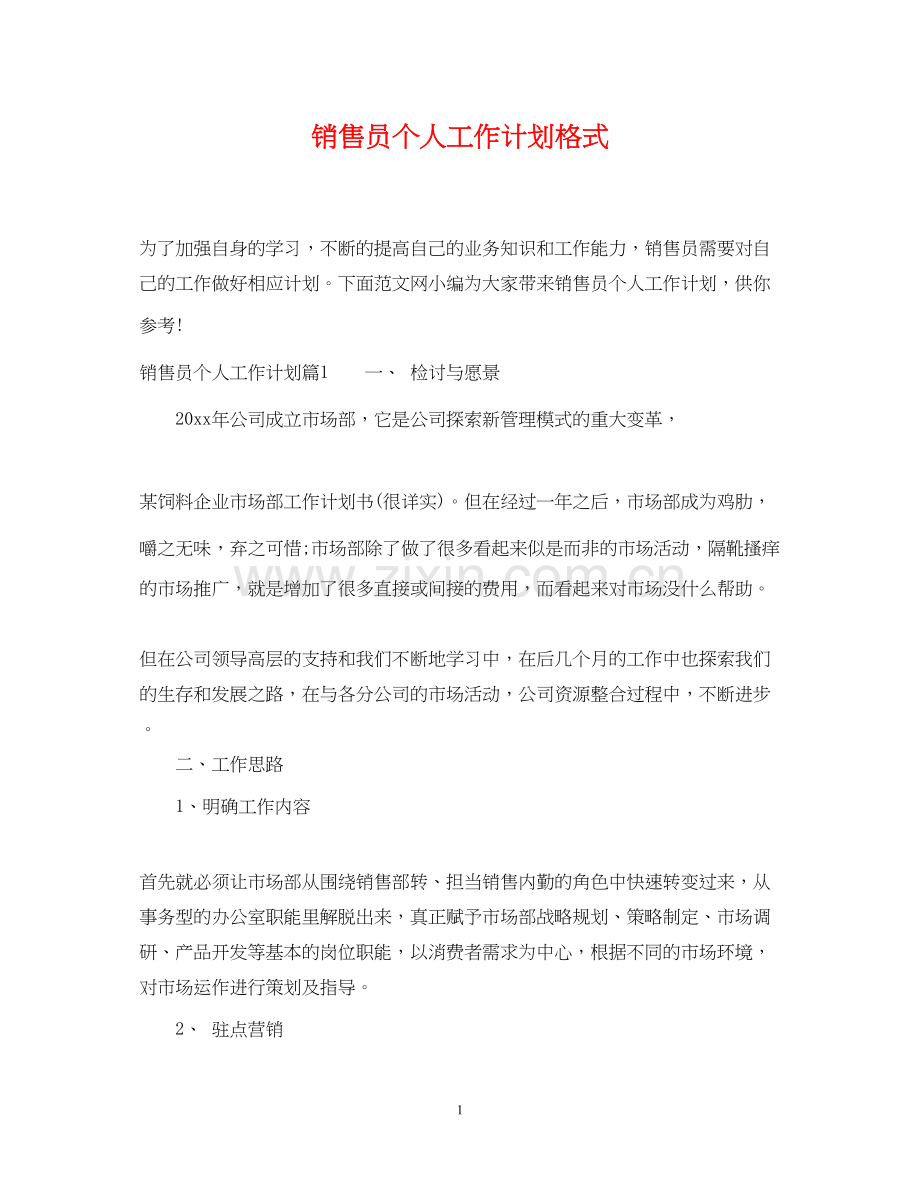 销售员个人工作计划格式.docx_第1页