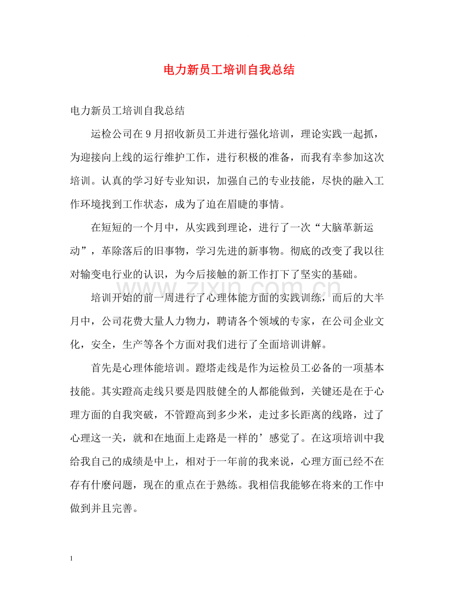 电力新员工培训自我总结.docx_第1页