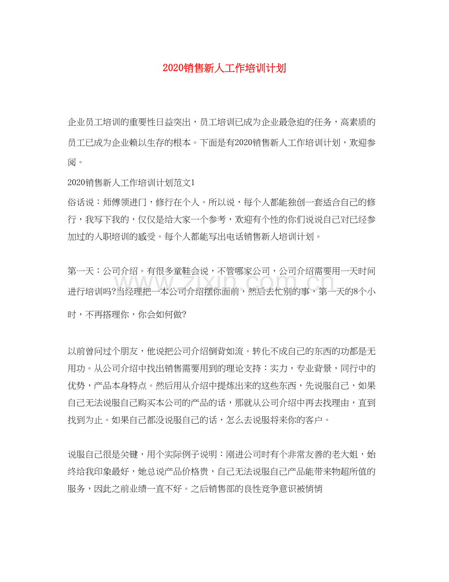 销售新人工作培训计划.docx_第1页