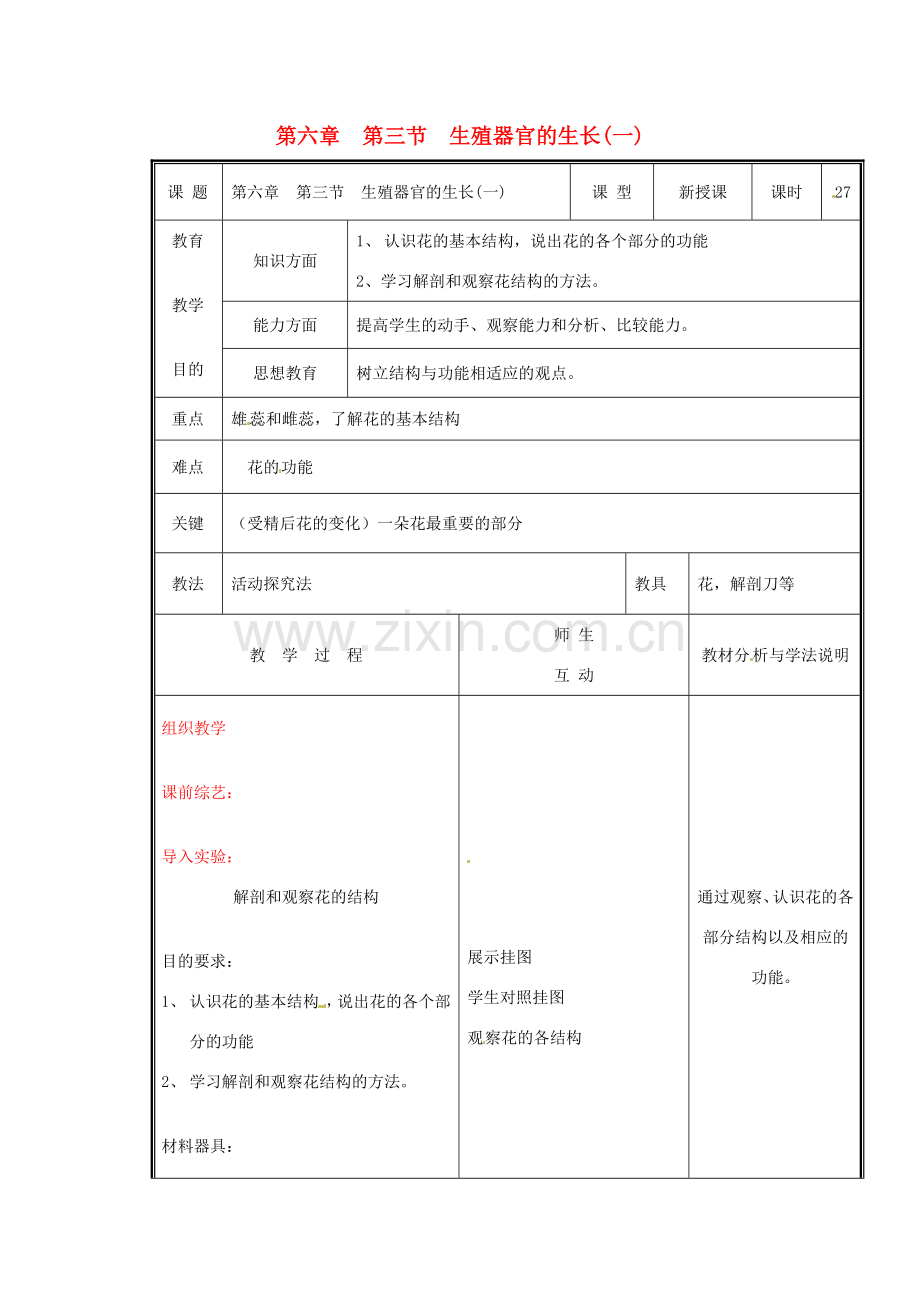 七年级生物上册 第三单元《生物圈中的绿色植物》第6章 绿色开花植物的生活史 6.3 生殖器官的生长（一）教案 （新版）北师大版.doc_第1页