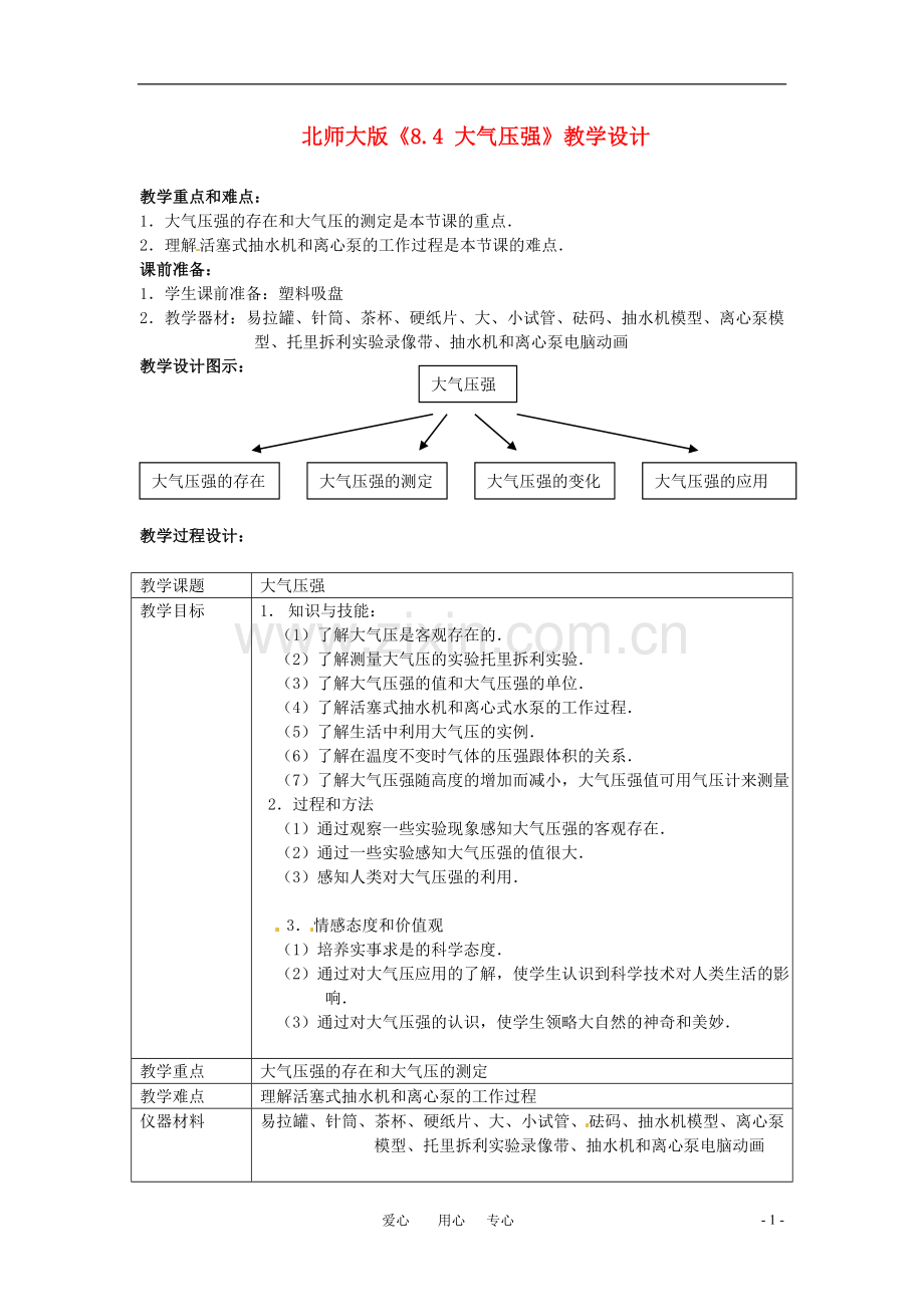 八年级物理下册 大气压强(一)教案 北师大版.doc_第1页