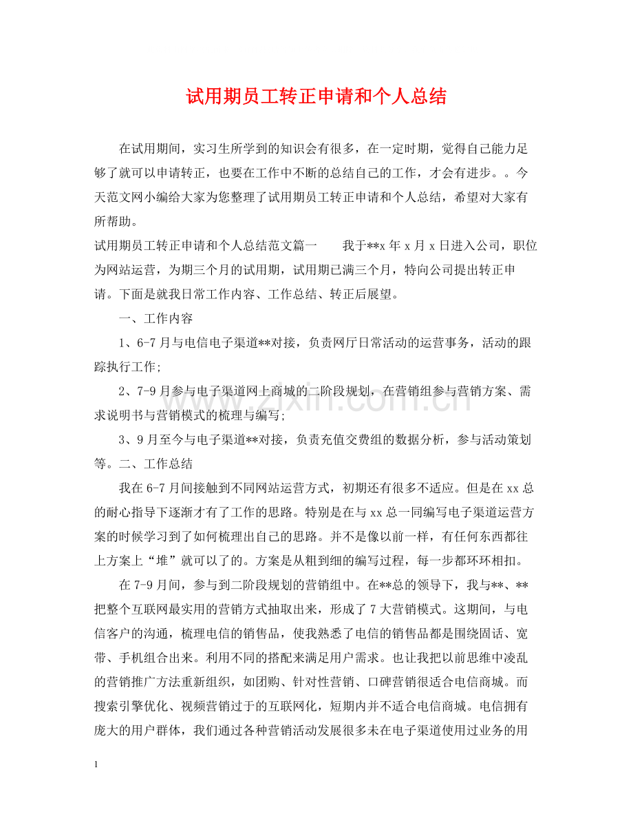 试用期员工转正申请和个人总结.docx_第1页