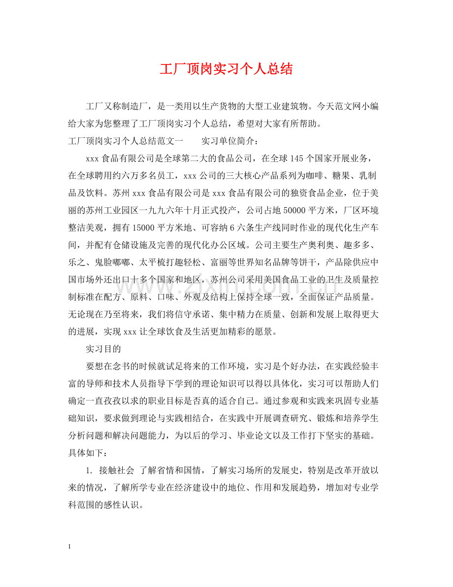 工厂顶岗实习个人总结.docx_第1页