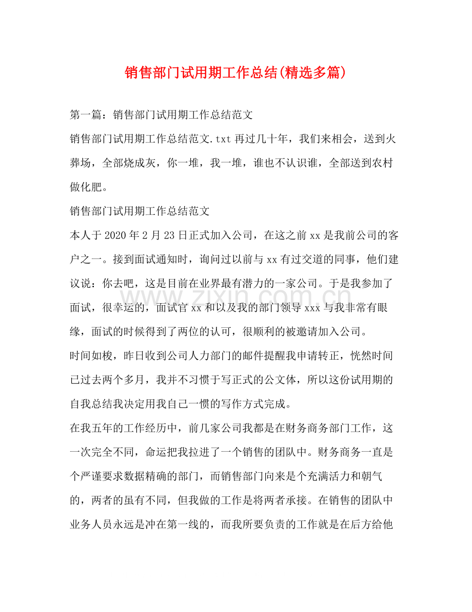 销售部门试用期工作总结多篇).docx_第1页