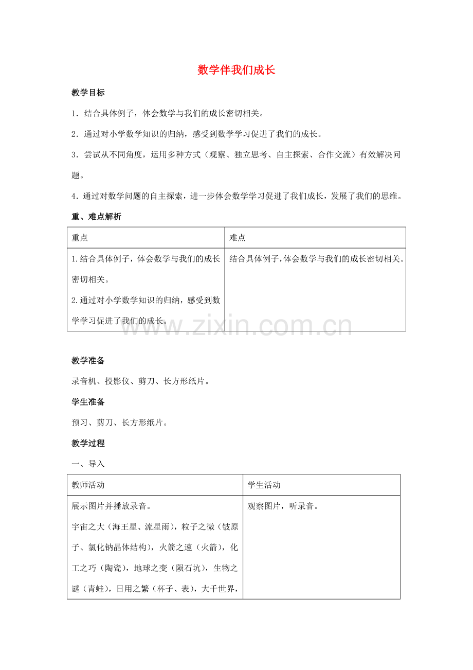 七年级数学上册 第一章 走进数学世界 1 数学伴我们成长教学设计 （新版）华东师大版-（新版）华东师大版初中七年级上册数学教案.doc_第1页