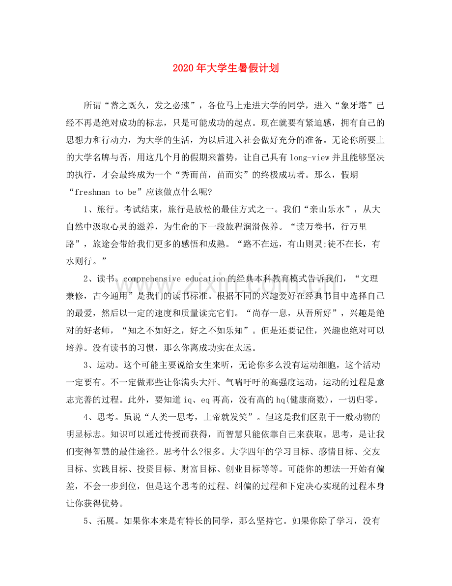 2020年大学生暑假计划.docx_第1页