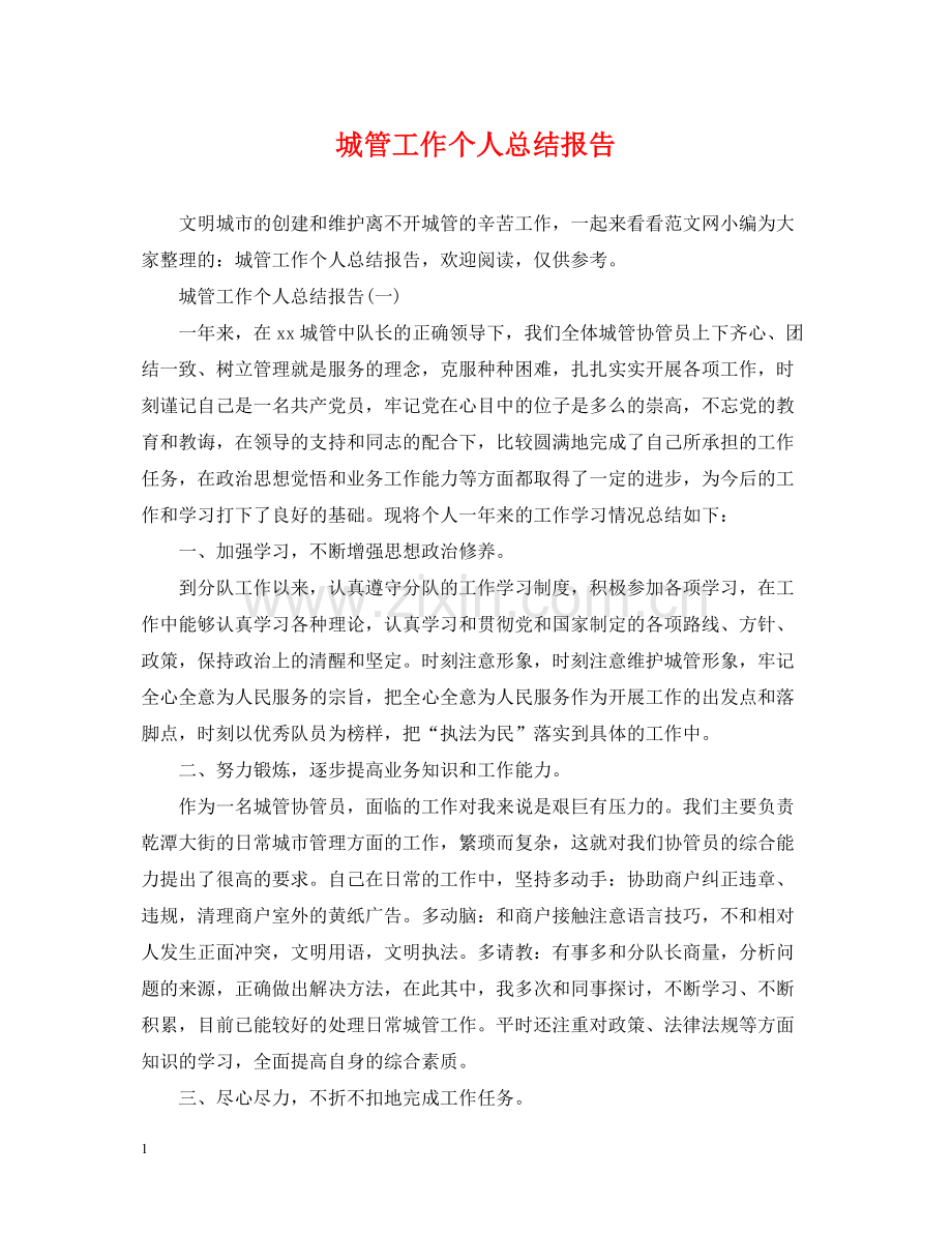 城管工作个人总结报告.docx_第1页