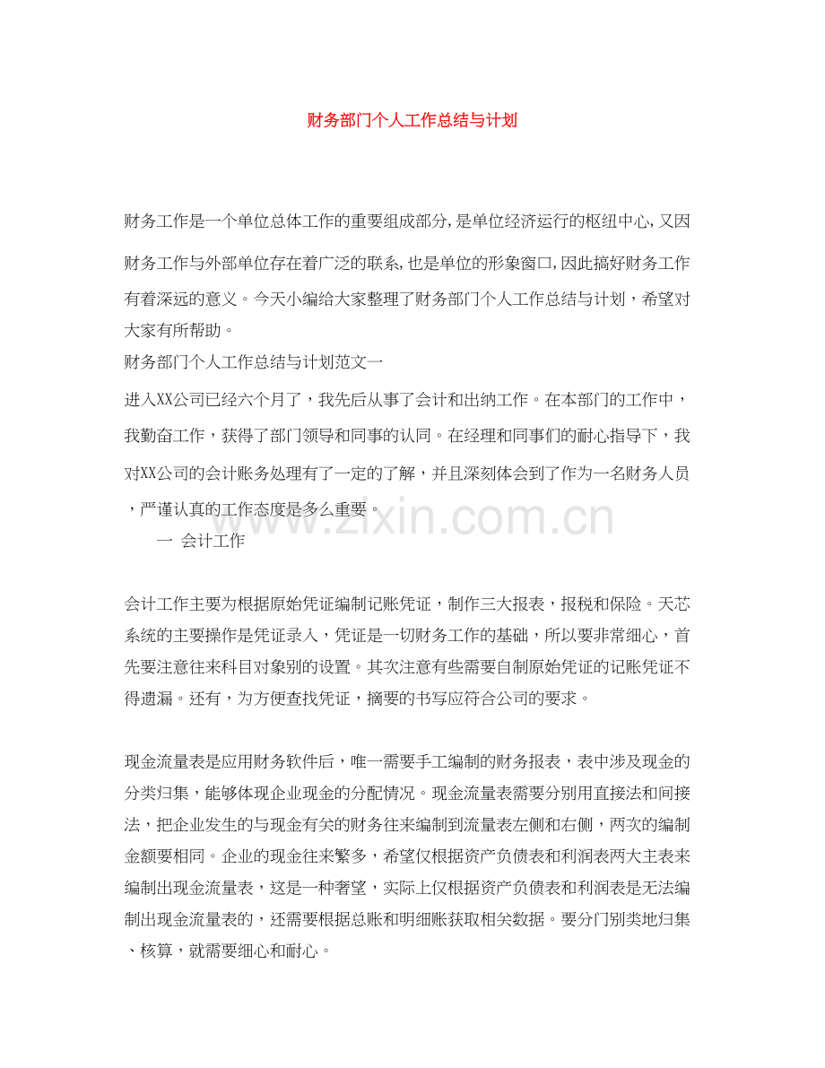 财务部门个人工作总结与计划.docx_第1页