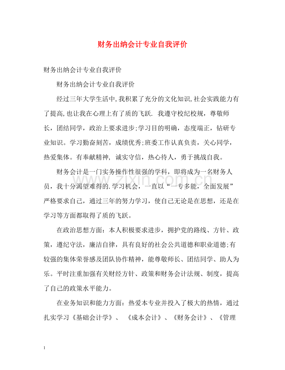 财务出纳会计专业自我评价.docx_第1页