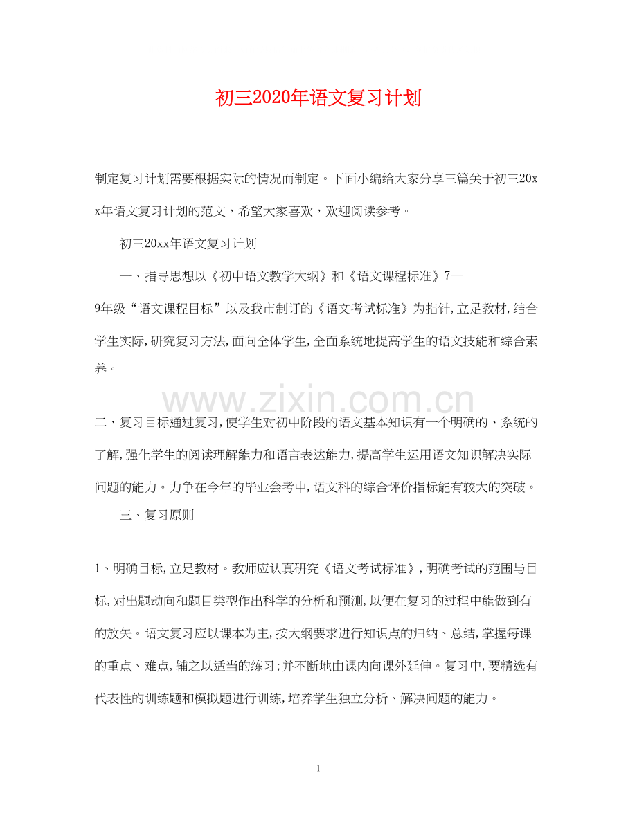 初三年语文复习计划.docx_第1页