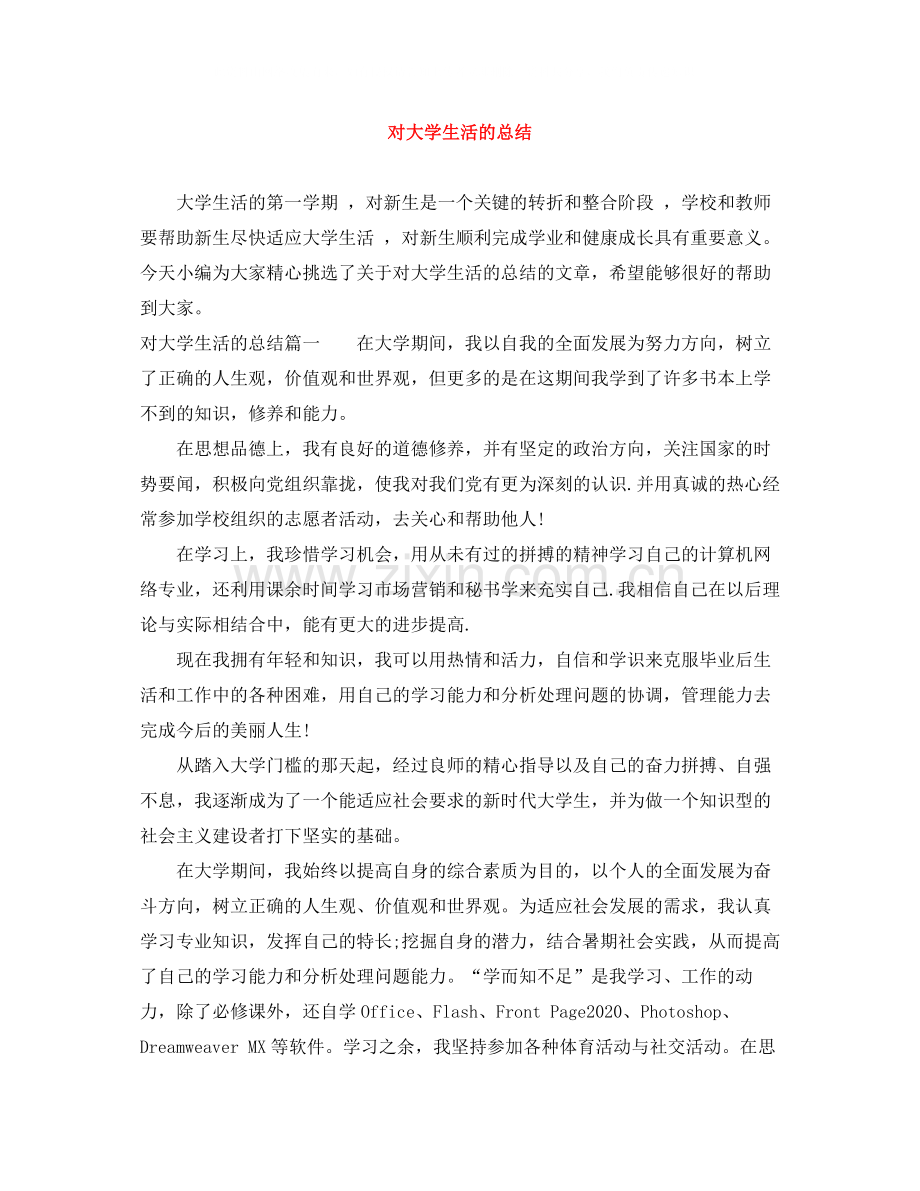 对大学生活的总结.docx_第1页