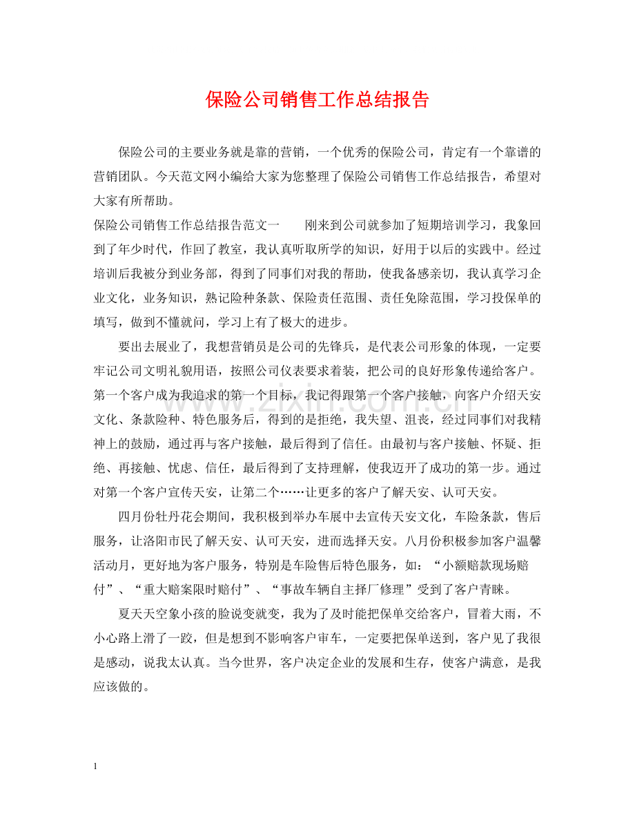 保险公司销售工作总结报告.docx_第1页