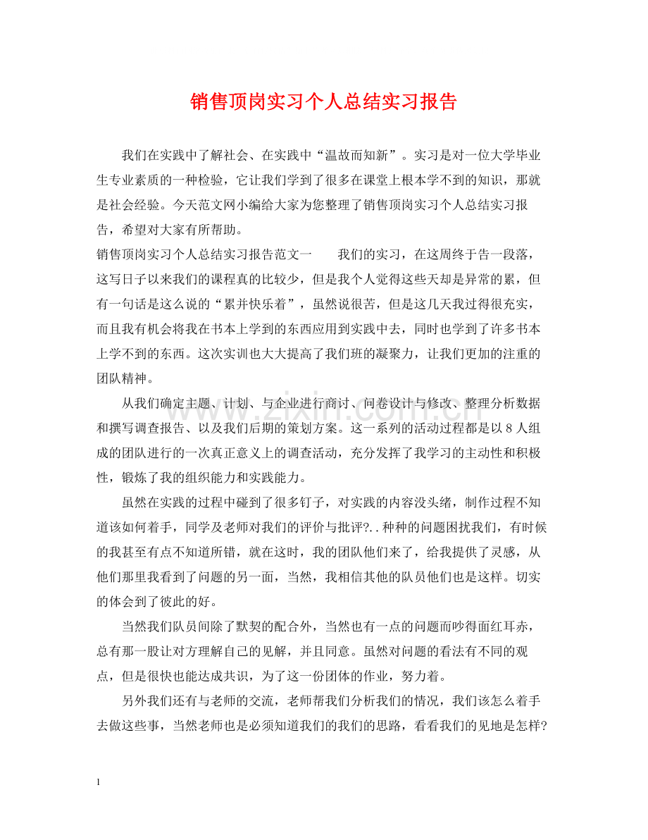 销售顶岗实习个人总结实习报告.docx_第1页