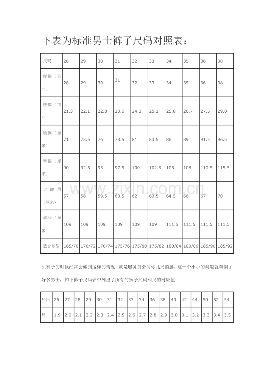 裤子尺码对照表.doc_第1页