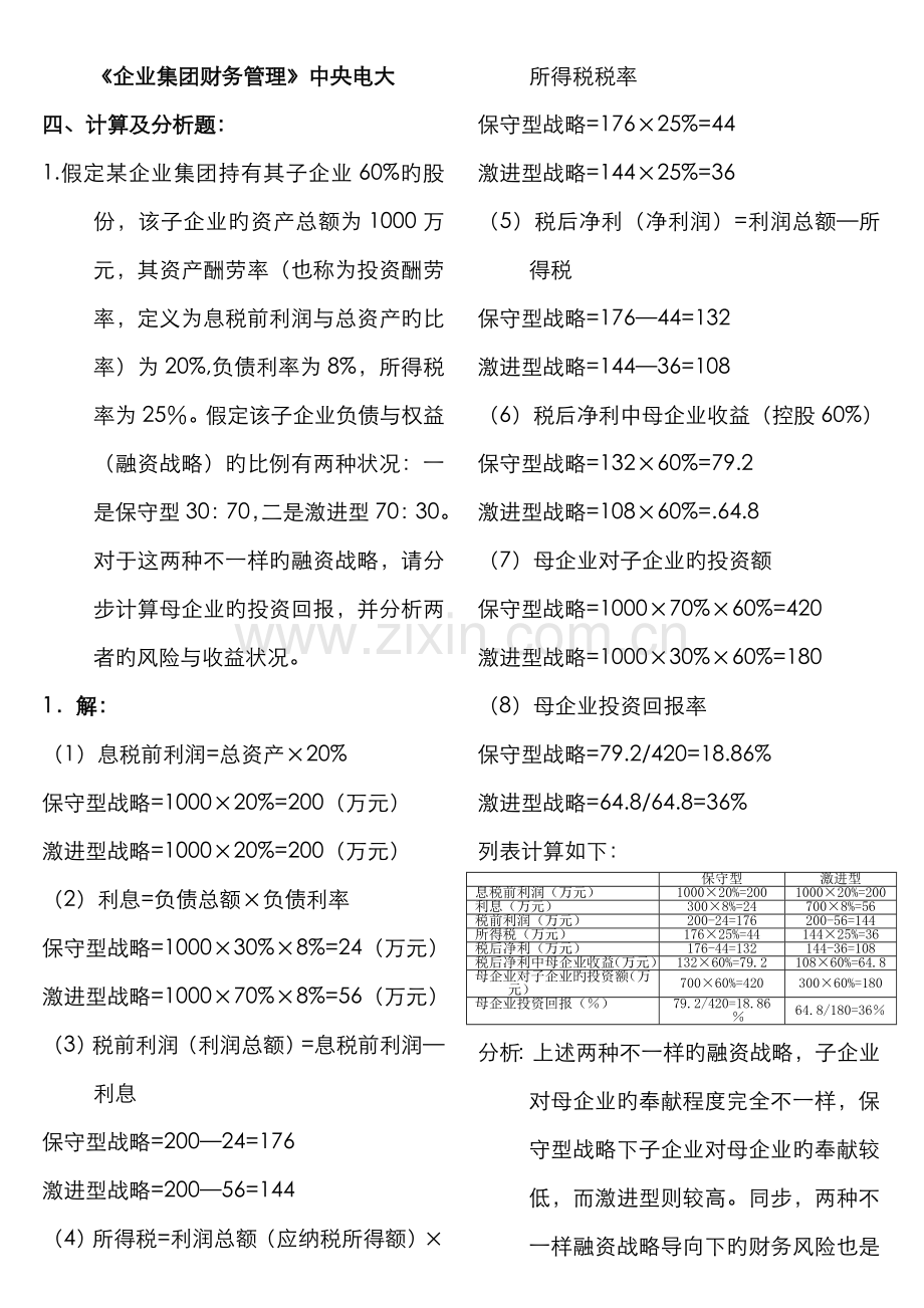 2022年企业集团财务管理计算及分析题.doc_第1页