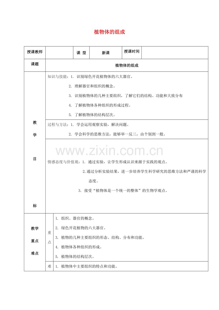 七年级生物下册 第9章 第1节 植物体的组成教案 （新版）苏科版-（新版）苏科版初中七年级下册生物教案.doc_第1页