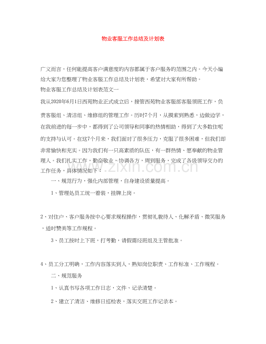 物业客服工作总结及计划表.docx_第1页