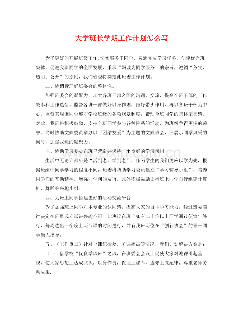 大学班长学期工作计划怎么写 .docx_第1页