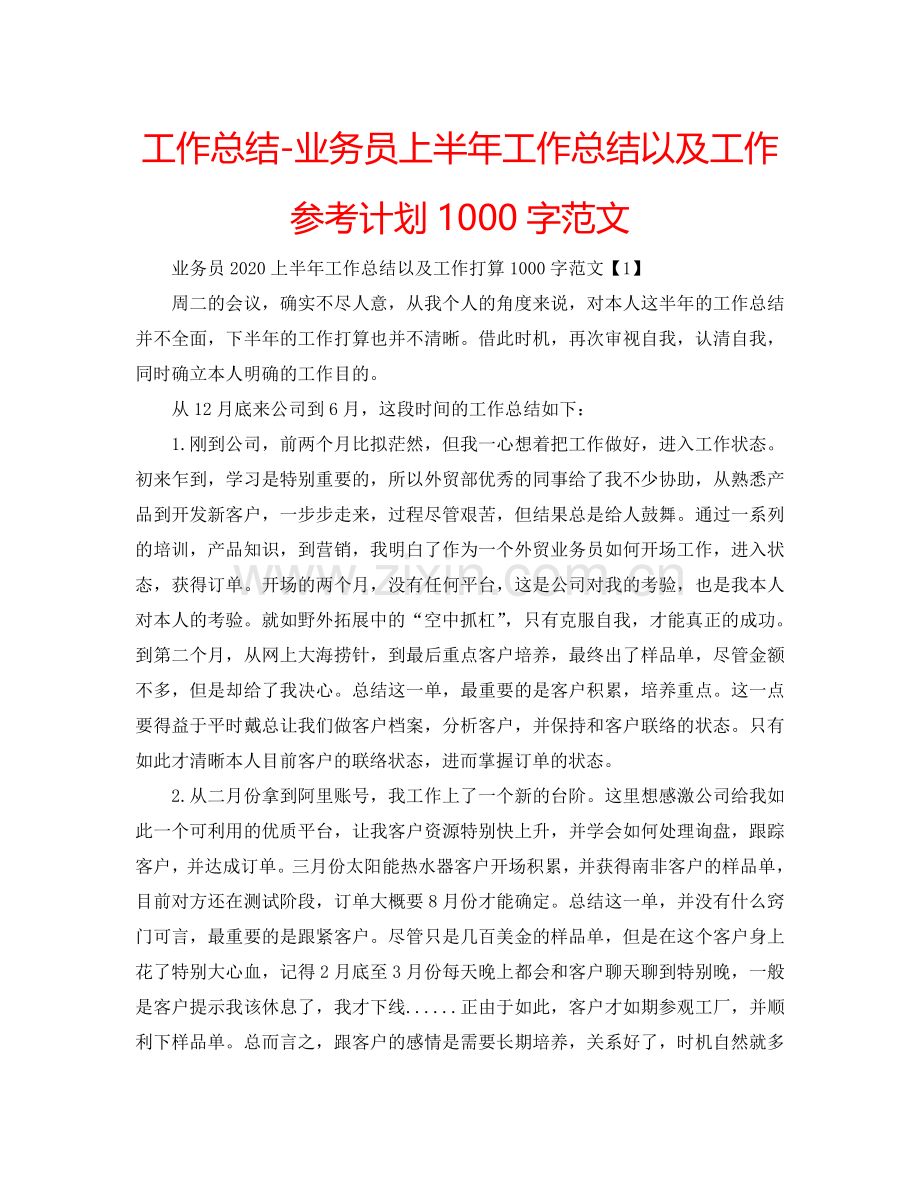 工作总结-业务员上半年工作总结以及工作参考计划1000字范文.doc_第1页