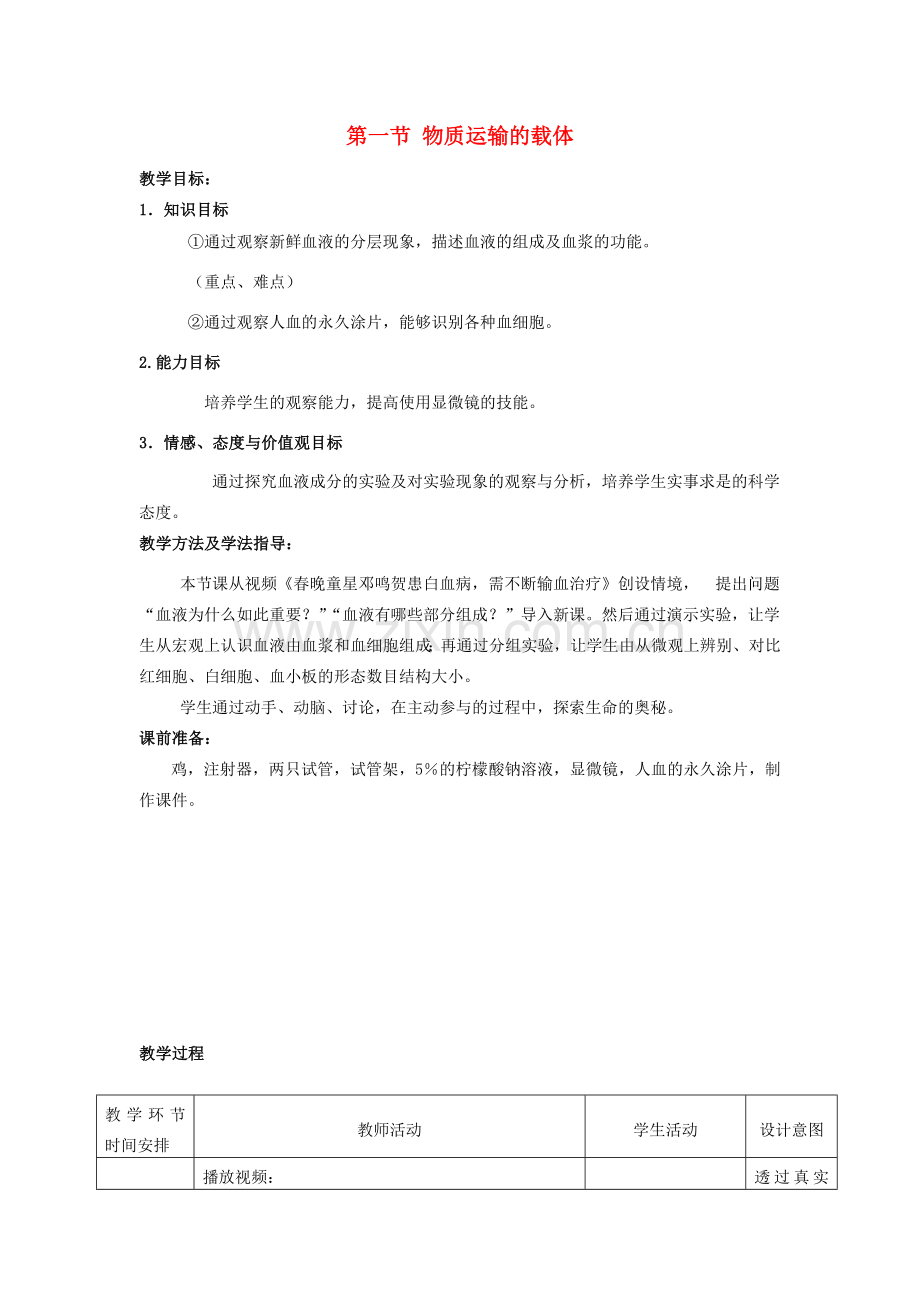 七年级生物下册 第三单元 第三章 第一节 物质运输的载体教案1 济南版-济南版初中七年级下册生物教案.doc_第1页