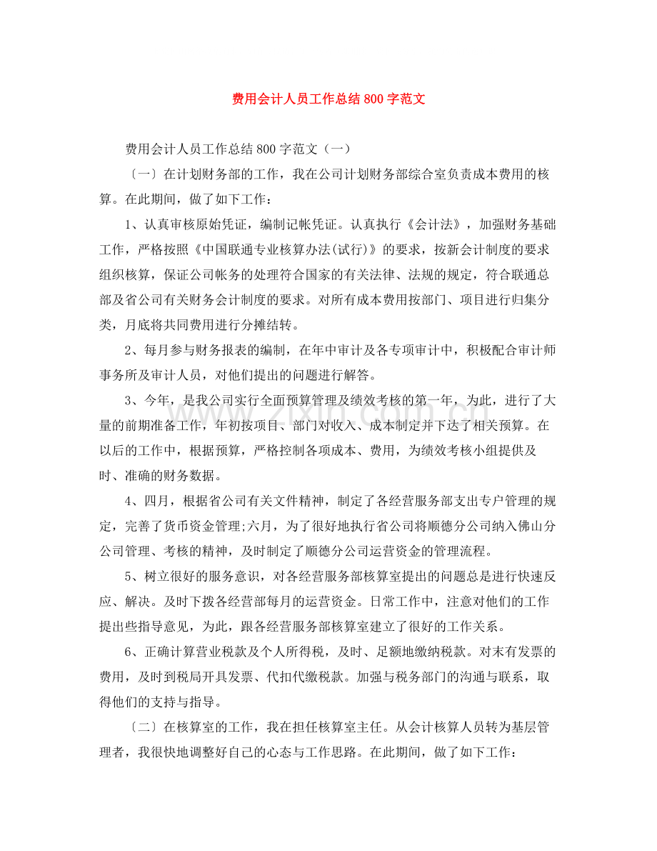 费用会计人员工作总结800字范文.docx_第1页