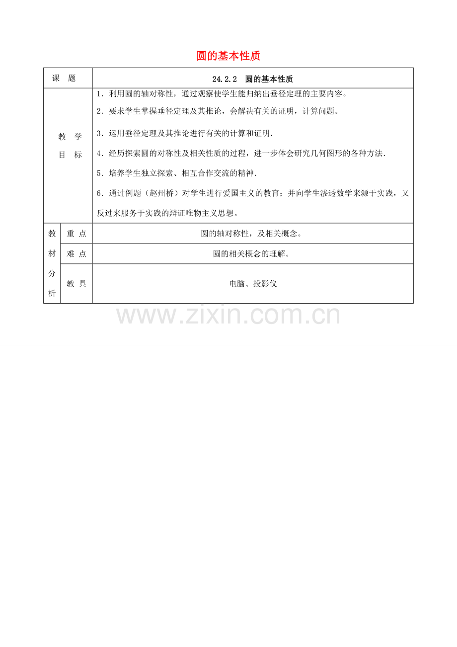 上海市金山区山阳镇九年级数学下册 24.2 圆的基本性质 24.2.2 圆的基本性质教案 （新版）沪科版-（新版）沪科版初中九年级下册数学教案.doc_第1页