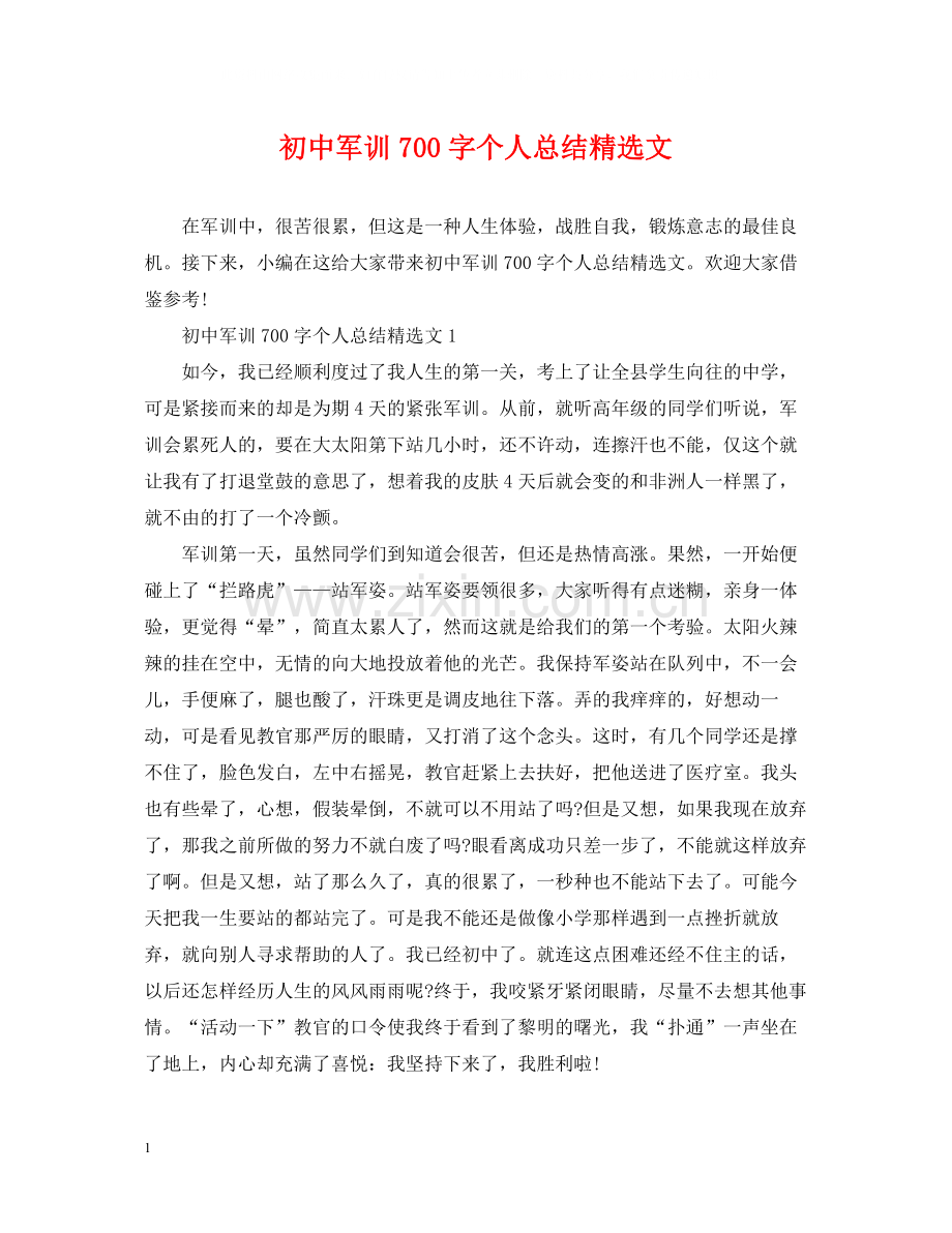 初中军训700字个人总结文.docx_第1页