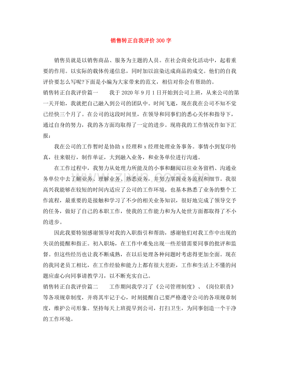 销售转正自我评价300字.docx_第1页