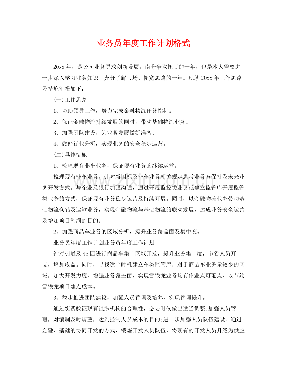 业务员2020年度工作计划格式 .docx_第1页