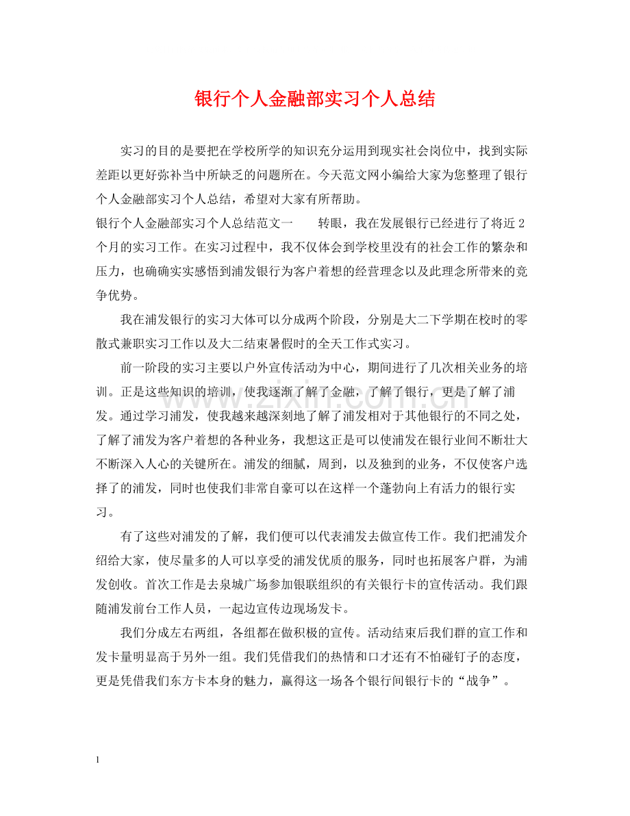 银行个人金融部实习个人总结.docx_第1页