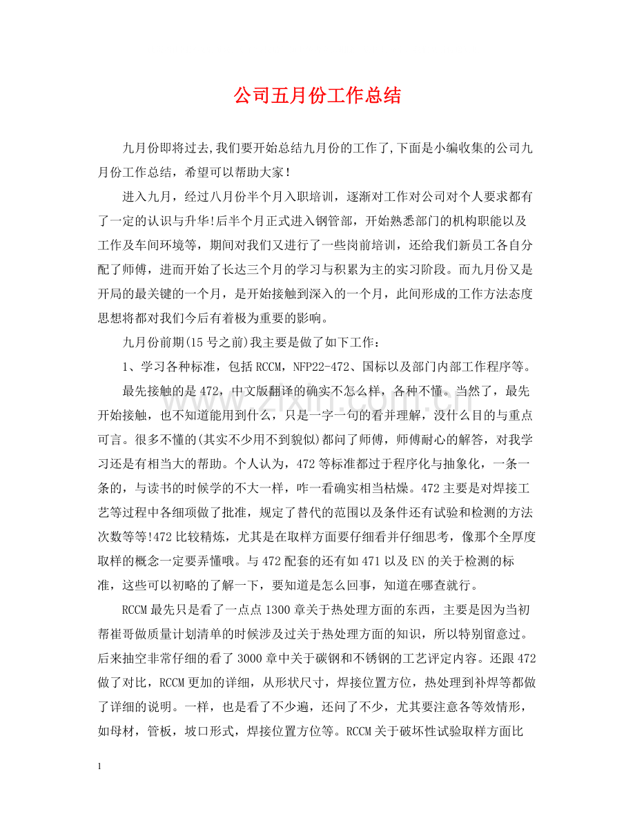 公司五月份工作总结.docx_第1页