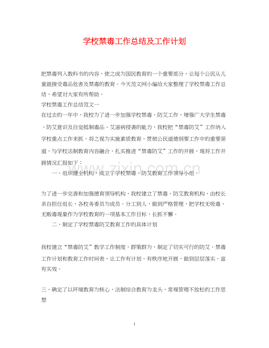 学校禁毒工作总结及工作计划.docx_第1页