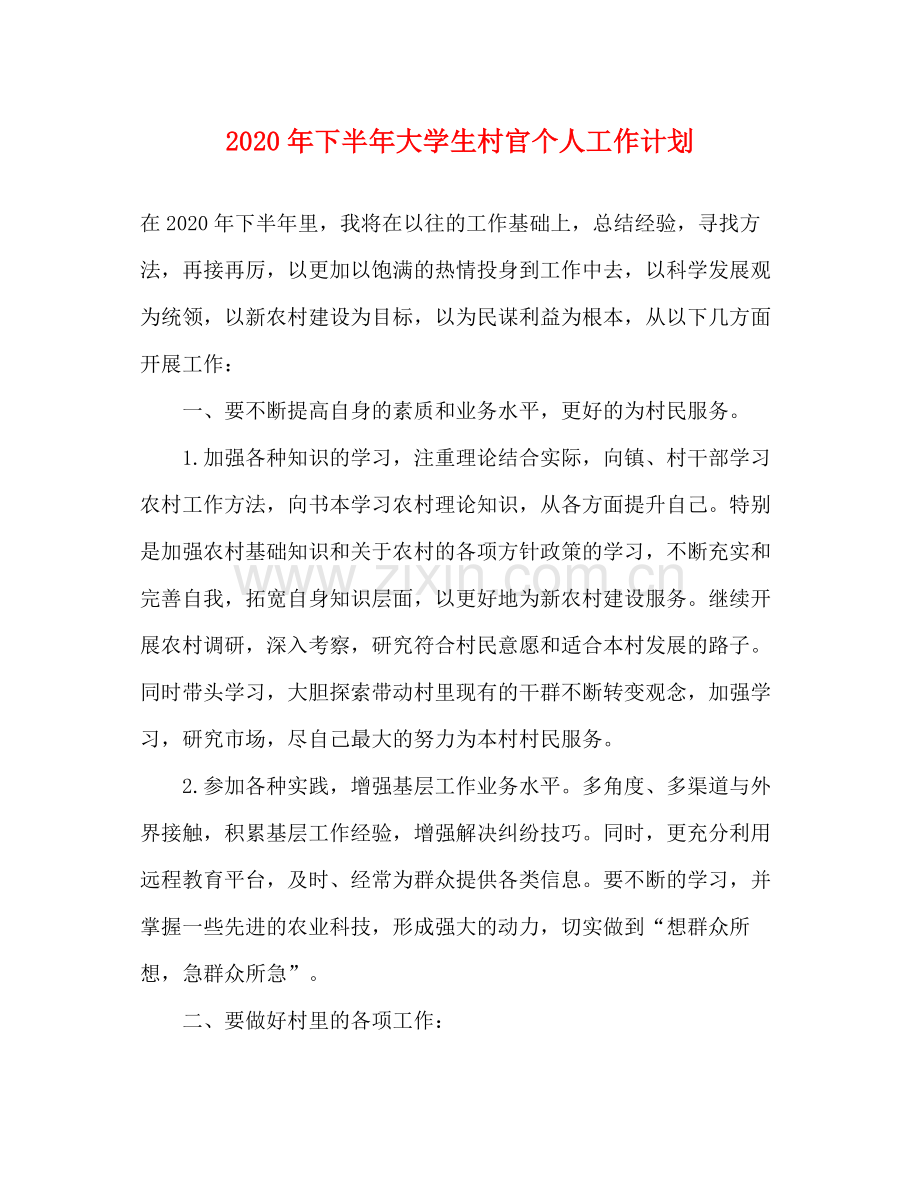 2020年下半年大学生村官个人工作计划.docx_第1页