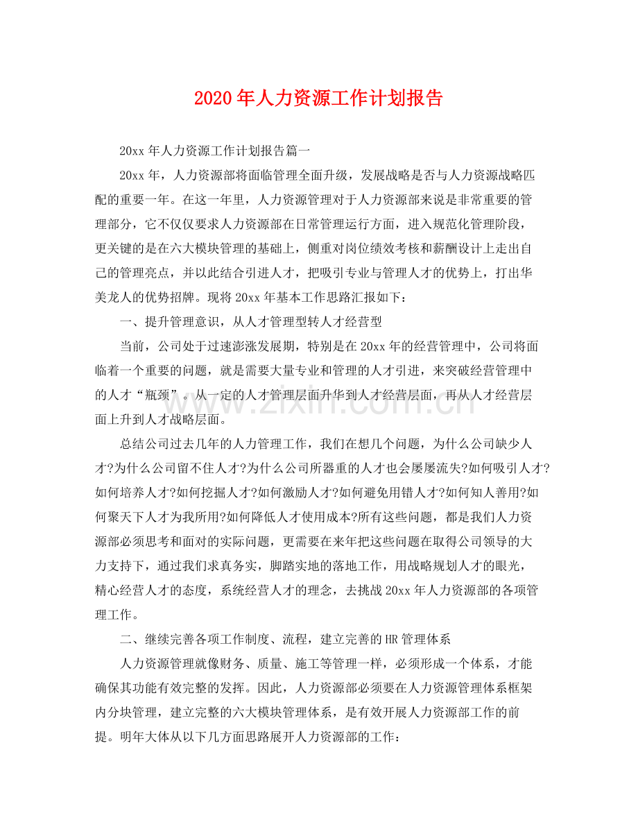 2020年人力资源工作计划报告2.docx_第1页