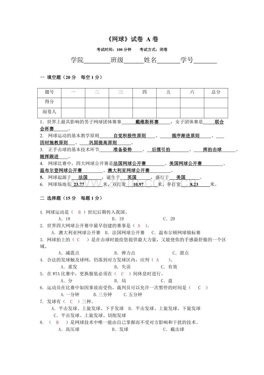 网球理论考试试卷.doc_第1页