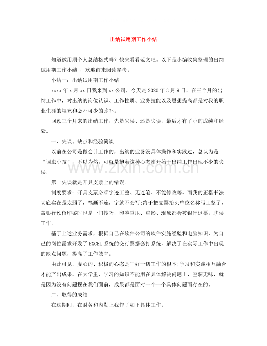 出纳试用期工作小结.docx_第1页