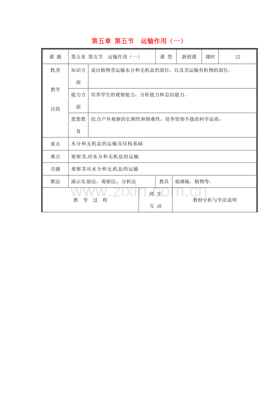 七年级生物上册 第三单元《生物圈中的绿色植物》第5章 绿色开花植物的生活方式 5.5 运输作用（一）教案 （新版）北师大版.doc_第1页