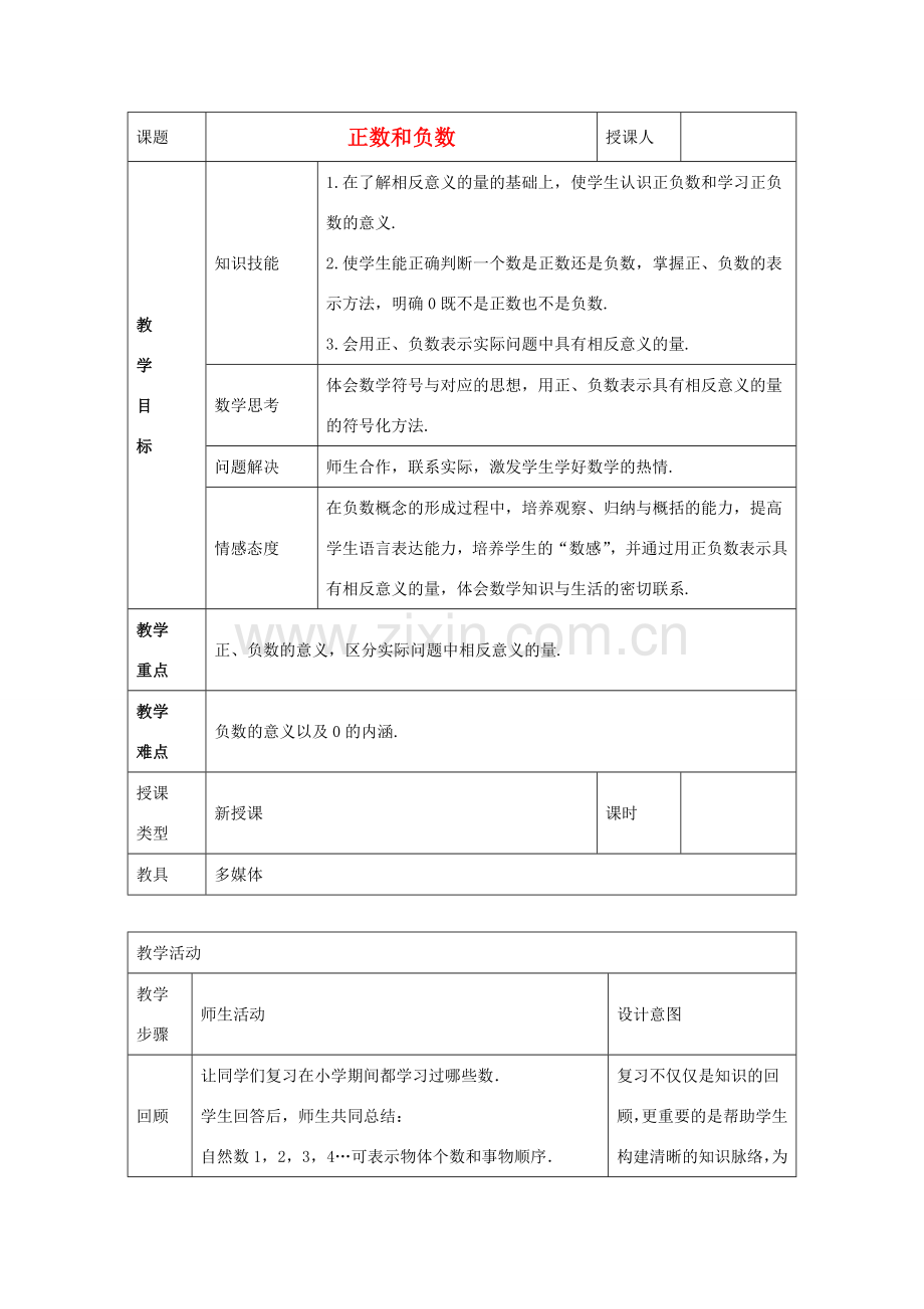 七年级数学上册 第二章 有理数 2.1 正数和负数 2.1.1 正数和负数教案2 （新版）华东师大版-（新版）华东师大版初中七年级上册数学教案.doc_第1页