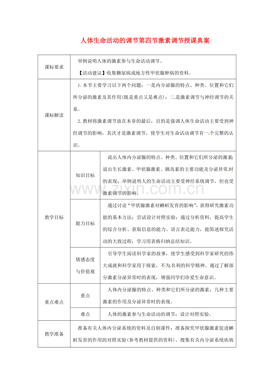 七年级生物下册 第四单元 第六章 人体生命活动的调节第四节激素调节授课典案 （新版）新人教版-（新版）新人教版初中七年级下册生物教案.doc_第1页