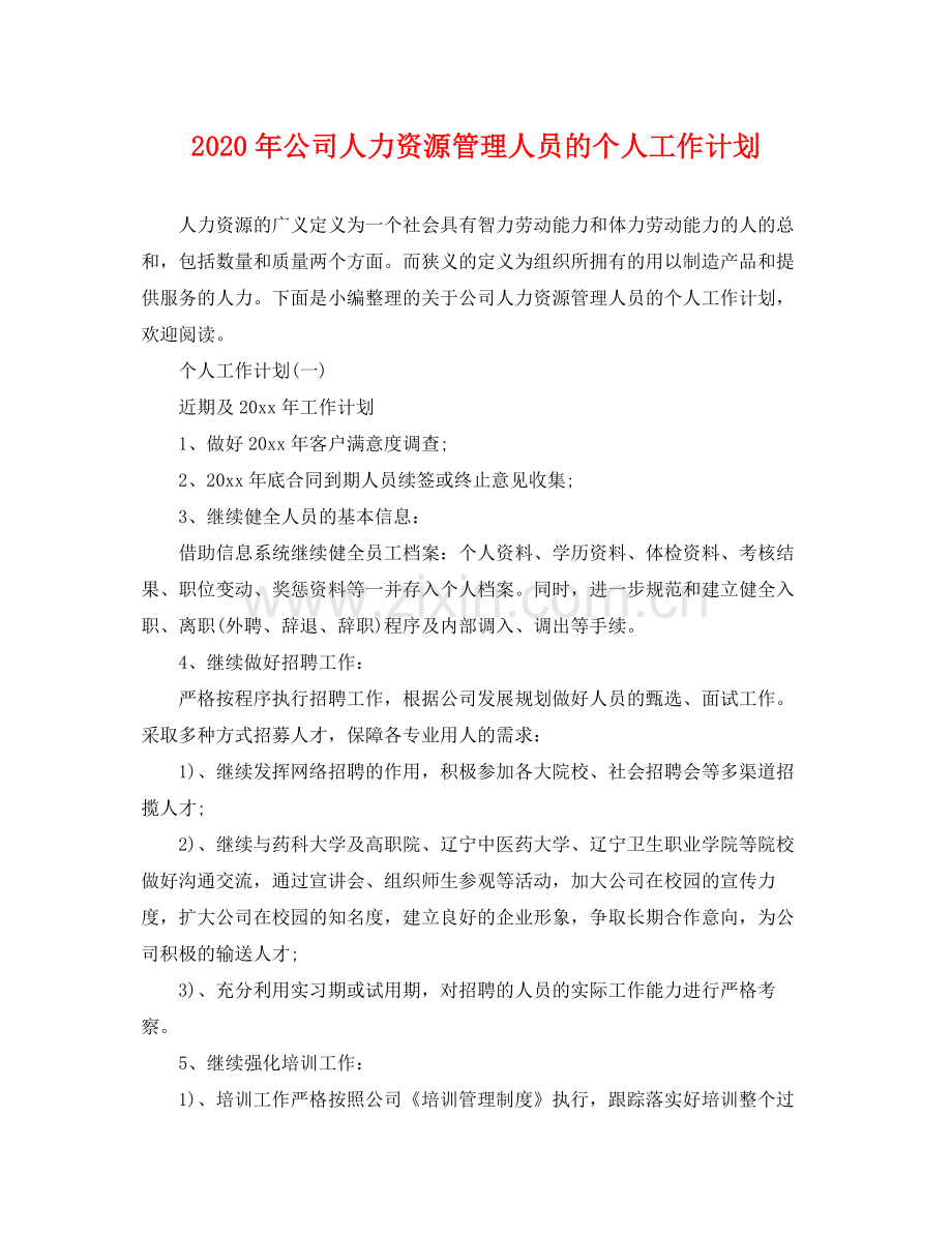 2020年公司人力资源管理人员的个人工作计划.docx_第1页