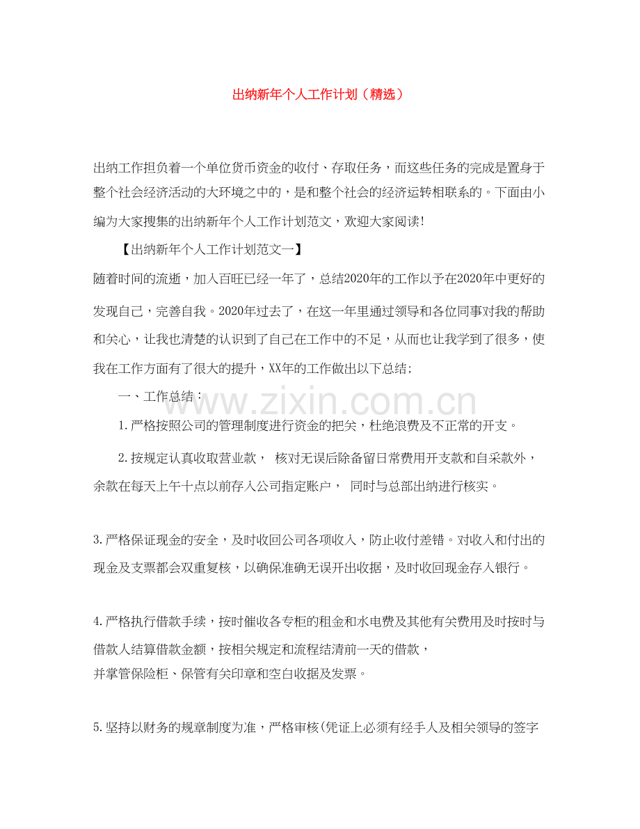 出纳新年个人工作计划（）.docx_第1页