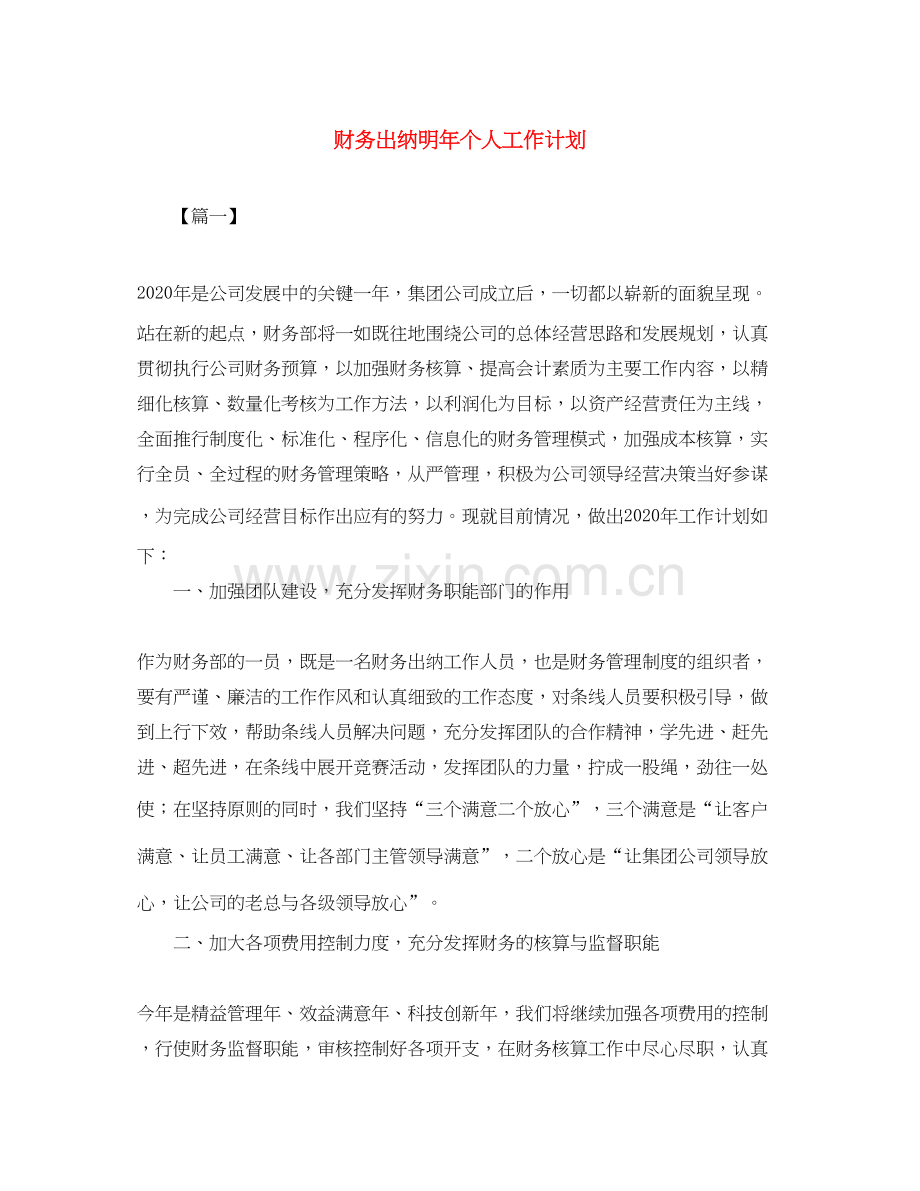 财务出纳明年个人工作计划.docx_第1页