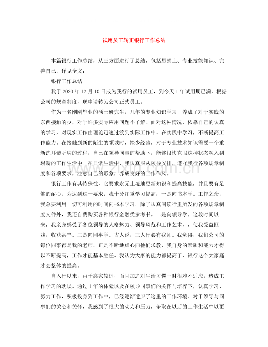 试用员工转正银行工作总结.docx_第1页