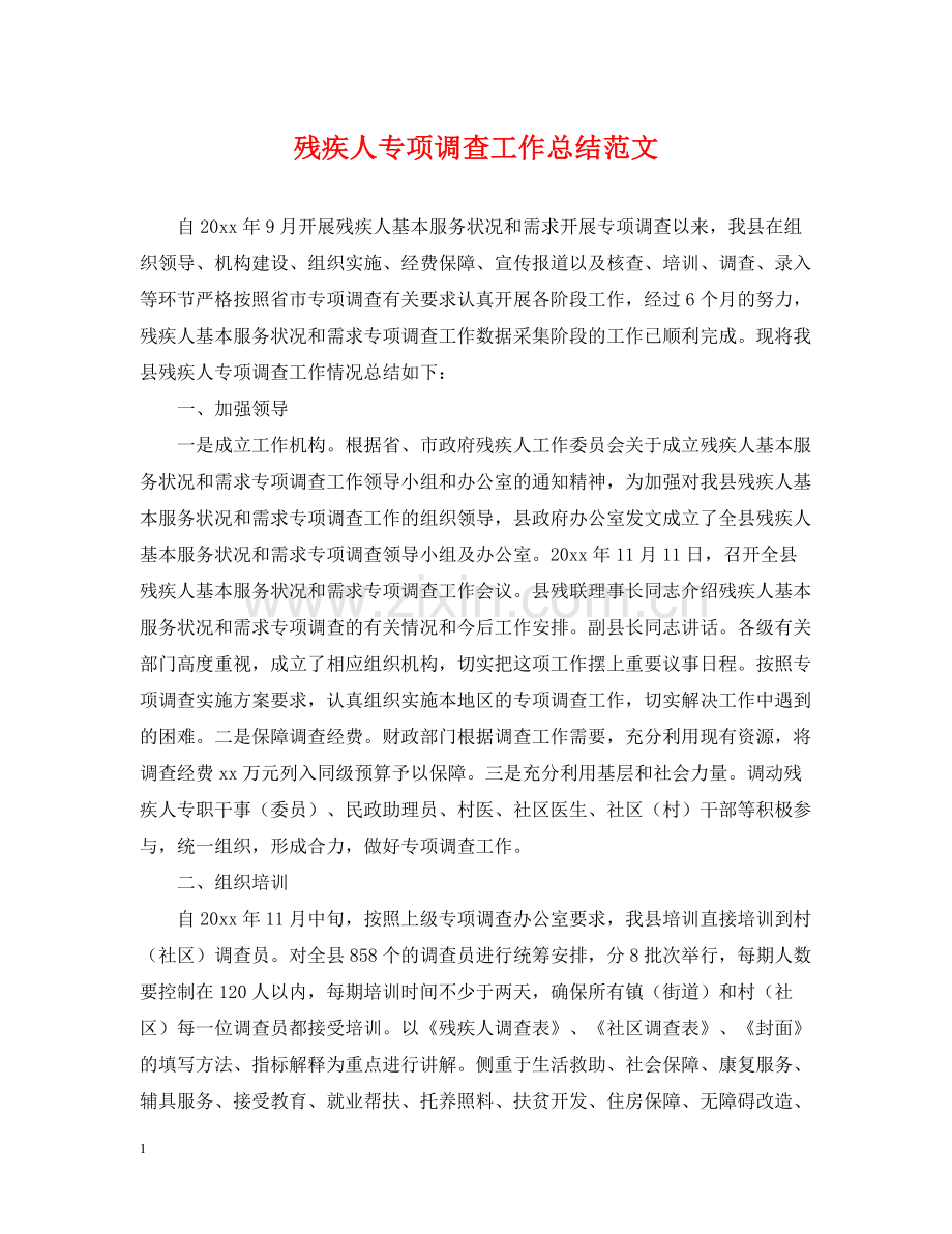 残疾人专项调查工作总结范文.docx_第1页