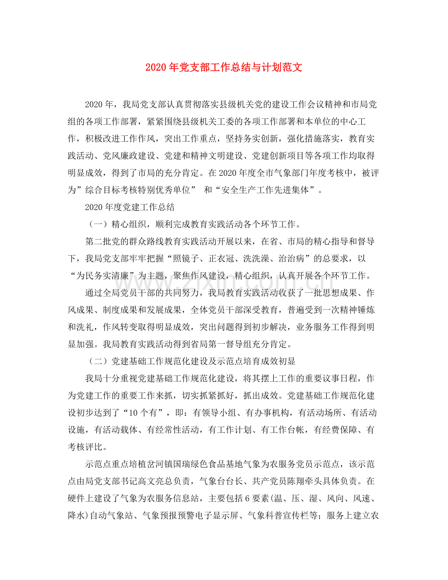 2020年党支部工作总结与计划范文.docx_第1页