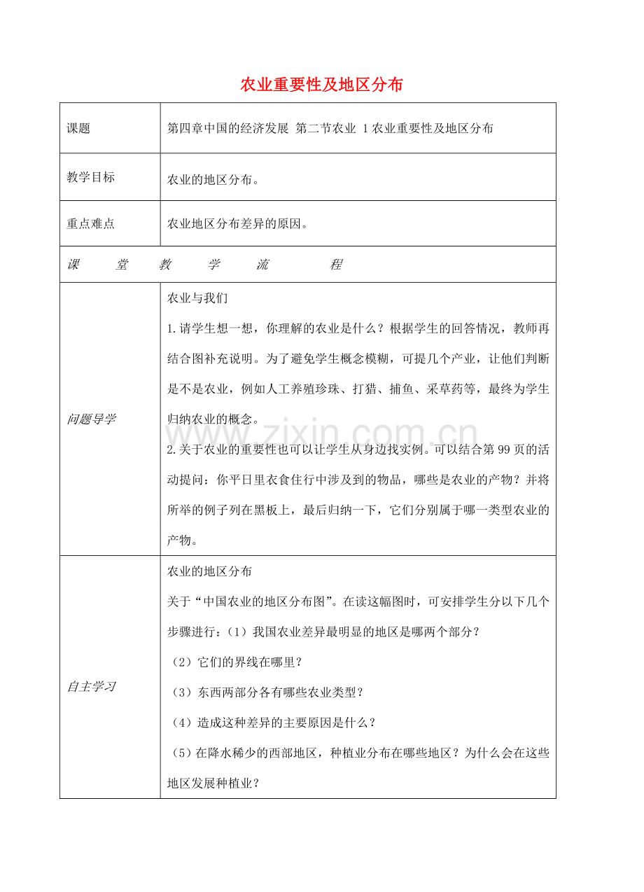 八年级地理上册 第四章 第二节 农业（农业重要性及地区分布）教案 （新版）新人教版-（新版）新人教版初中八年级上册地理教案.doc_第1页